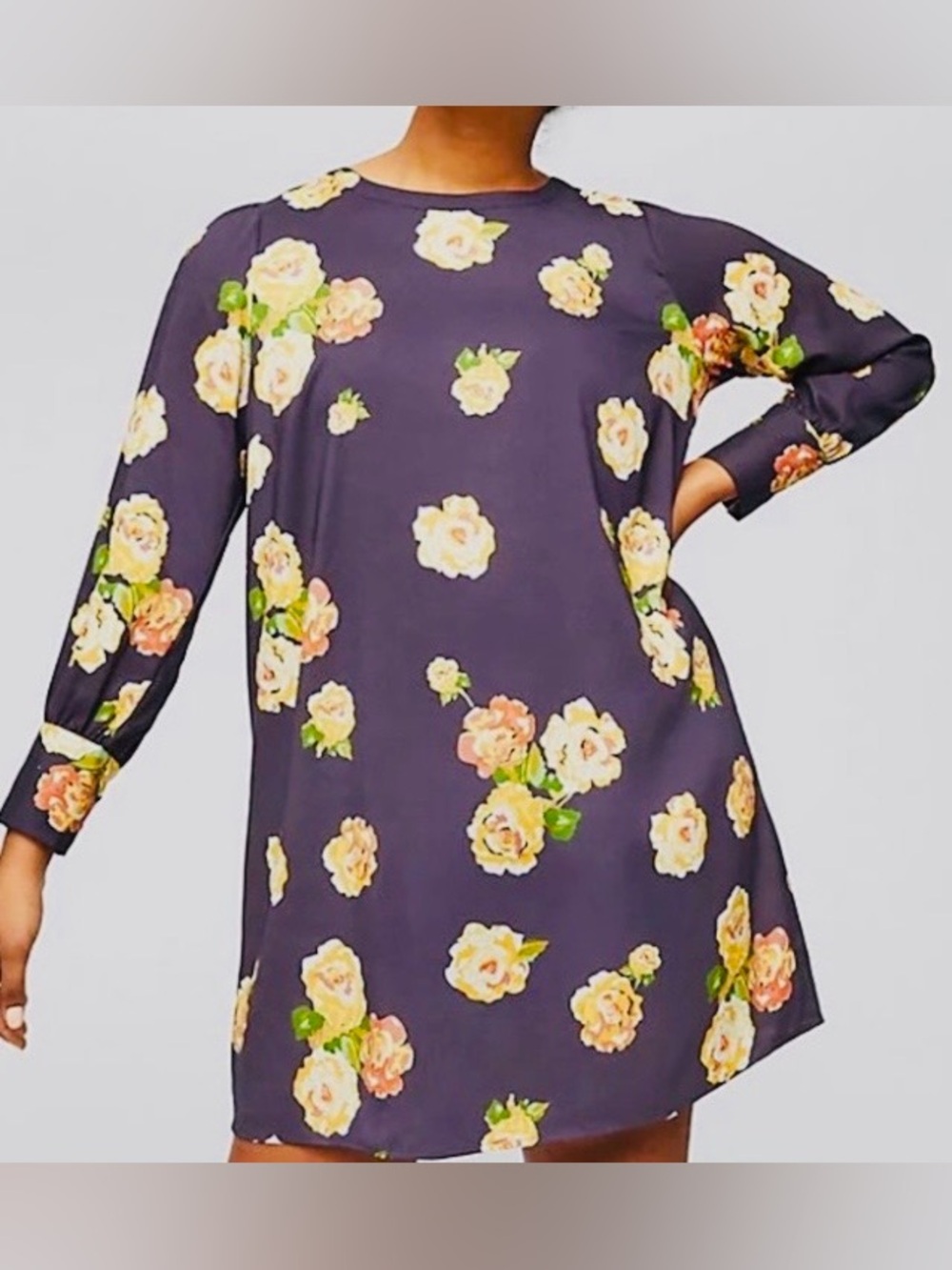 LOFT, Peony Fluid Shift Floral Print Long Sleeve Dress, Size Medium